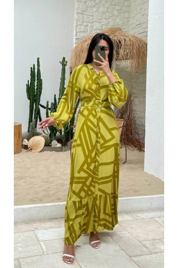 3388-OLİV ÇİZGİLİ GÖMLEK ELBİSE