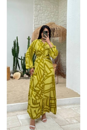 3388-OLİV ÇİZGİLİ GÖMLEK ELBİSE