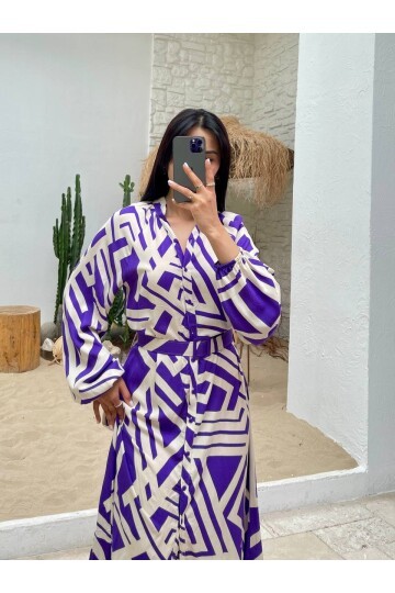 3388-LİLA ÇİZGİLİ GÖMLEK ELBİSE