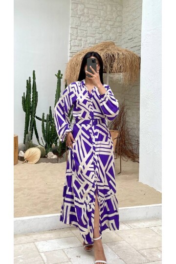 3388-LİLA ÇİZGİLİ GÖMLEK ELBİSE