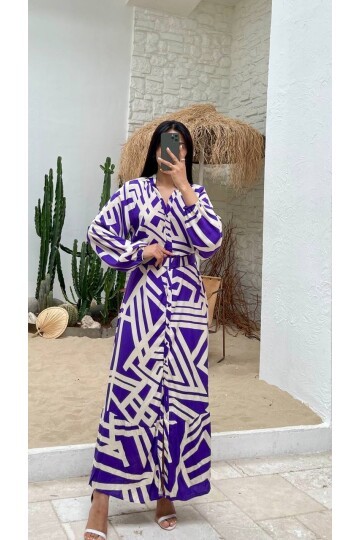 3388-LİLA ÇİZGİLİ GÖMLEK ELBİSE