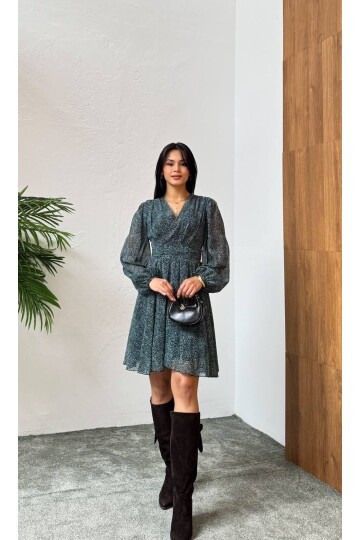 3391-HAKİ ÇITIR DESEN KISA ŞİFON ELBİSE