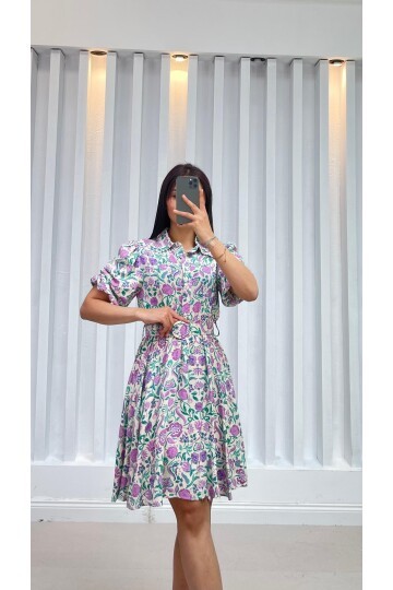 3392-EKRU ÇİÇEK DESEN KISA KOL GÖMLEK ELBİSE