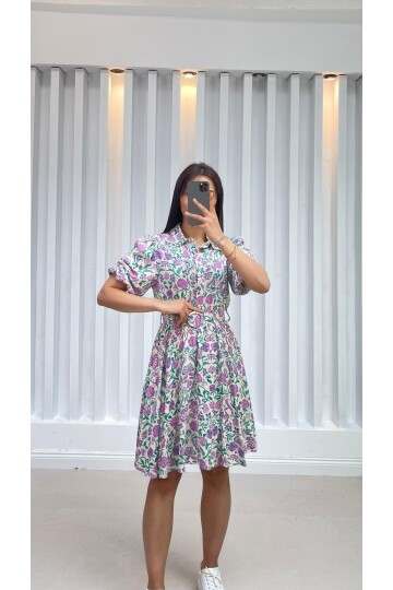 3392-EKRU ÇİÇEK DESEN KISA KOL GÖMLEK ELBİSE