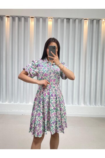 3392-EKRU ÇİÇEK DESEN KISA KOL GÖMLEK ELBİSE