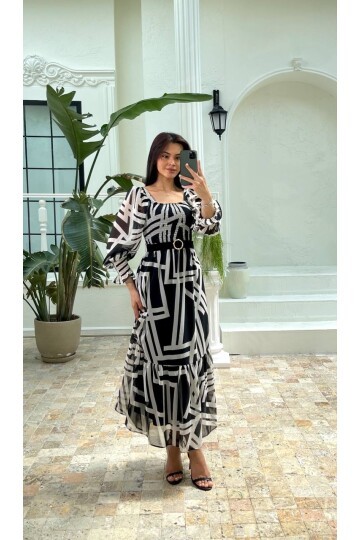 3406-ZİGZAG DESEN KEMERL ŞİFON ELBİSE