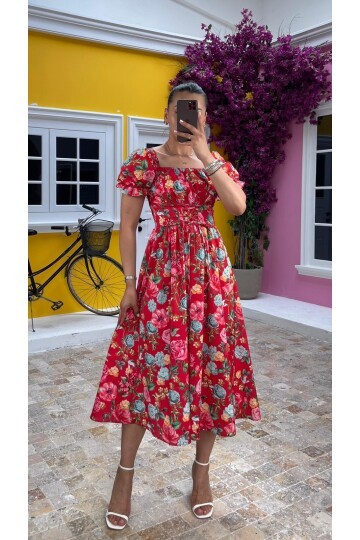 3413-POPLiN ÇİÇEKLİ ELBİSE