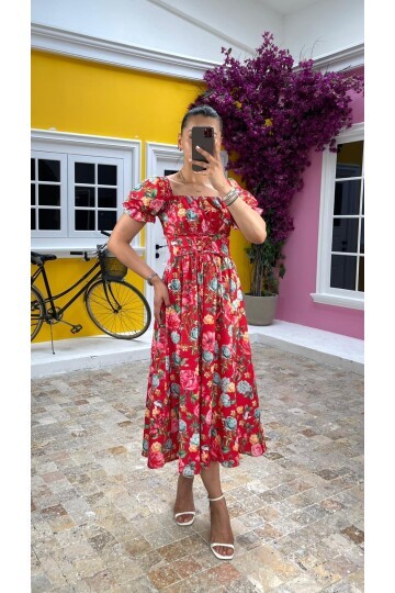 3413-POPLiN ÇİÇEKLİ ELBİSE