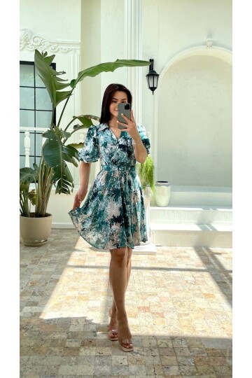 3414-YEŞİL VİSKON KUMAŞ KISA KOL GÖMLEK ELBİSE