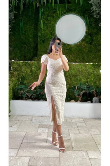 3423-FİSTO ÖNDEN YIRTMAÇLI ELBİSE