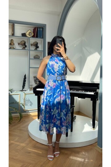 3432-MAVİ ÇİÇEKLİ KEMERLİ ELBİSE