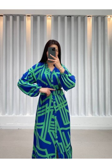 3388-YEŞİL ÇİZGİLİ GÖMLEK ELBİSE