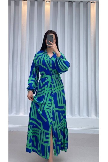 3388-YEŞİL ÇİZGİLİ GÖMLEK ELBİSE