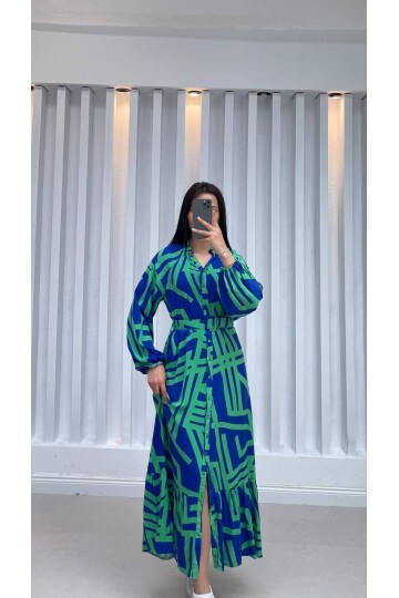 3388-YEŞİL ÇİZGİLİ GÖMLEK ELBİSE