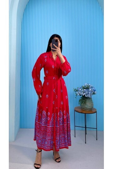 3433-KIRMIZI DÜĞMELİ ALTI SULU GÖMLEK ELBİSE
