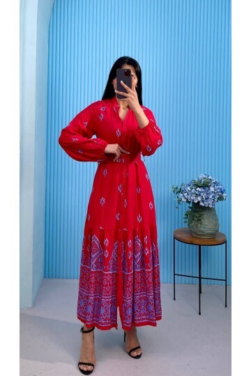 3433-KIRMIZI DÜĞMELİ ALTI SULU GÖMLEK ELBİSE