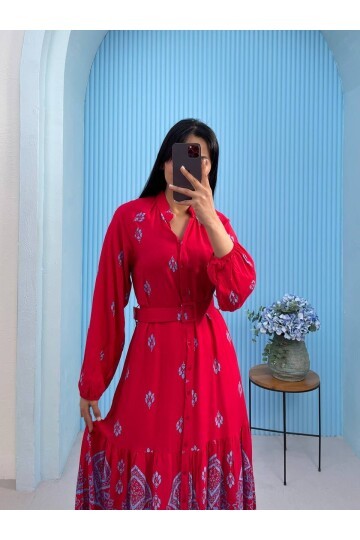 3433-KIRMIZI DÜĞMELİ ALTI SULU GÖMLEK ELBİSE