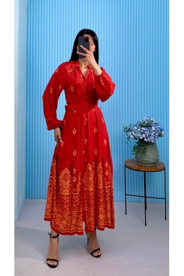 3433-TURUNCU DÜĞMELİ ALTI SULU GÖMLEK ELBİSE