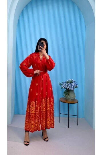 3433-TURUNCU DÜĞMELİ ALTI SULU GÖMLEK ELBİSE