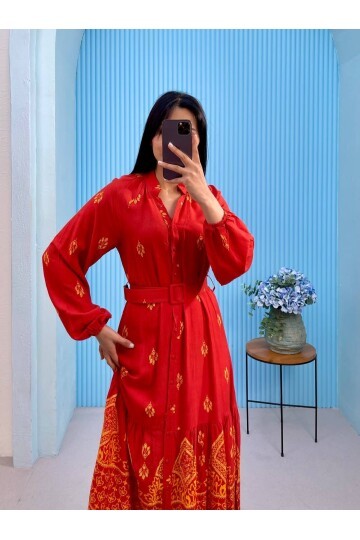 3433-TURUNCU DÜĞMELİ ALTI SULU GÖMLEK ELBİSE