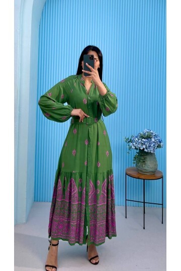 3433-YEŞİL DÜĞMELİ ALTI SULU GÖMLEK ELBİSE