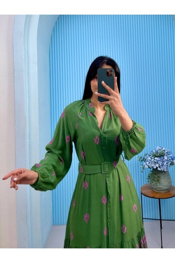 3433-YEŞİL DÜĞMELİ ALTI SULU GÖMLEK ELBİSE