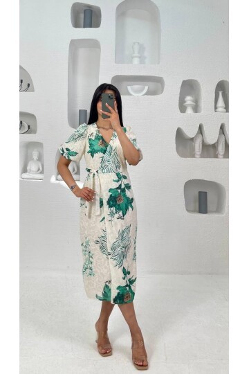 3439-YEŞİL ANVELOK BAĞLAMALI ELBİSE