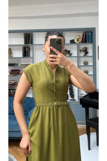 3440-HAKİ GOLD KEMER DETAY VE GOLD DÜĞMELİ ELBİSE