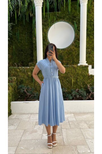 3440-MAVİ GOLD KEMER DETAY VE GOLD DÜĞMELİ ELBİSE