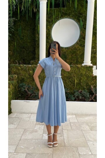 3440-MAVİ GOLD KEMER DETAY VE GOLD DÜĞMELİ ELBİSE