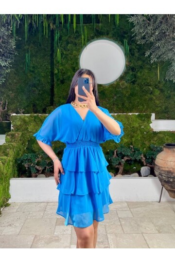 3447-MAVİ KAT KAT ŞFON ELBİSE