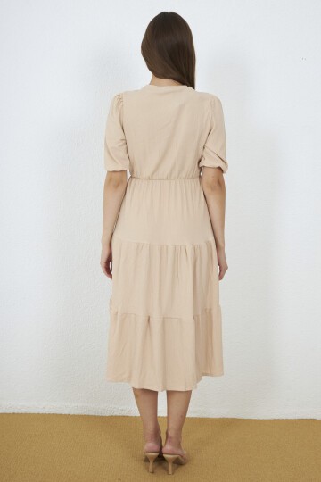 3453-Kruvaze Yaka Katlı Midi Elbise