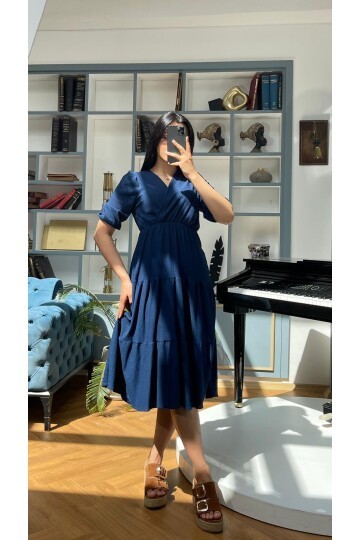 3453-LACİVERT KURVAZE YAKA ELBİSE