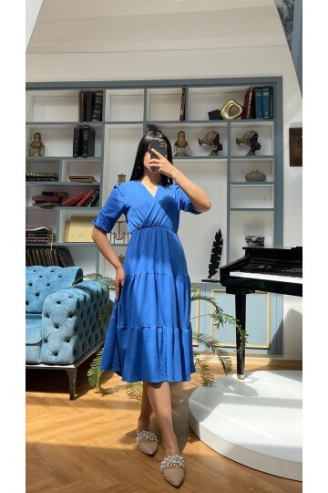 3453-MAVİ KURVAZE YAKA ELBİSE