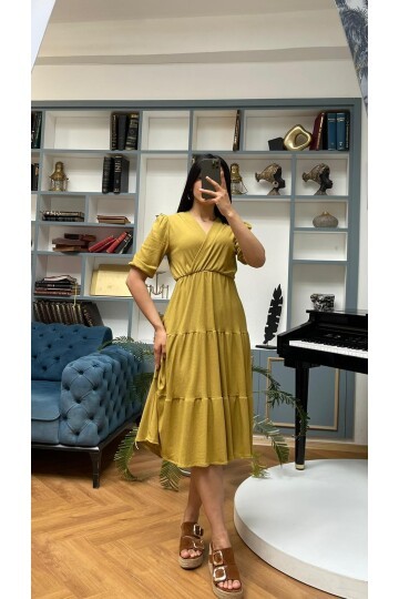 3453-OLİV KURVAZE YAKA ELBİSE