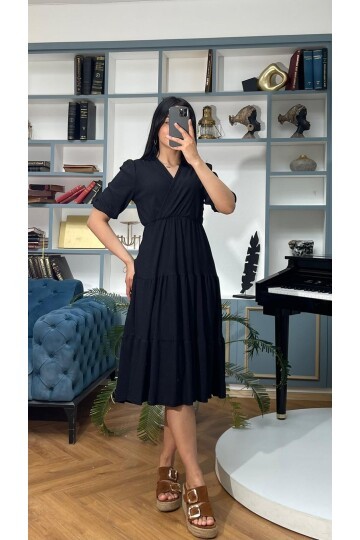 3453-SİYAH KRUVAZE YAKA ELBİSE