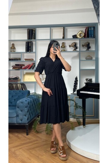 3453-SİYAH KRUVAZE YAKA ELBİSE