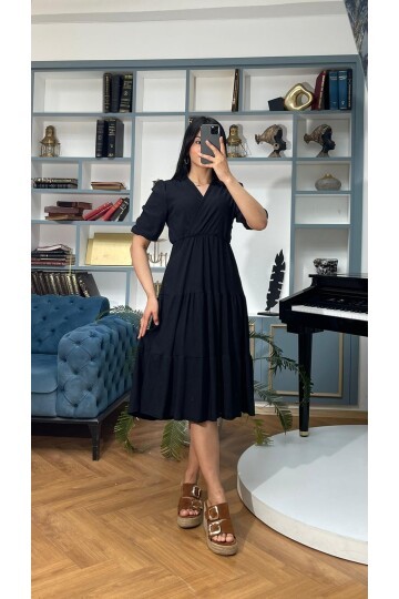 3453-SİYAH KRUVAZE YAKA ELBİSE