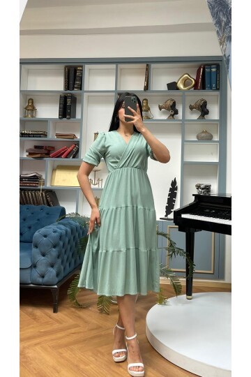 3453-SU YEŞİLİ KURVAZE YAKA ELBİSE