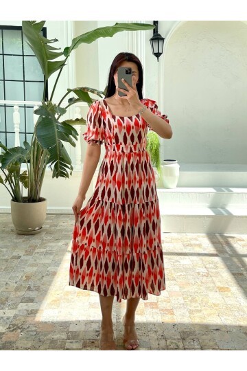 3459-TURUNCU BEYAZ DESEN ELBİSE