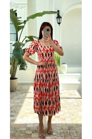 3459-TURUNCU BEYAZ DESEN ELBİSE