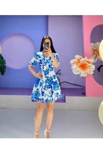 3460-MAVİ V YAKA ÇİÇEKLİ ELBİSE