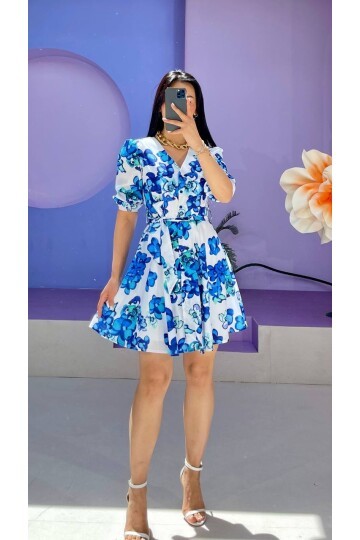 3460-MAVİ V YAKA ÇİÇEKLİ ELBİSE