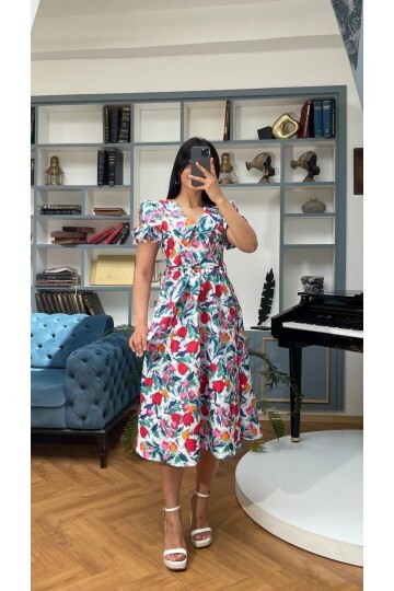 3467-BEYAZ BEBE YAKA ÇİÇEK DESEN ELBİSE