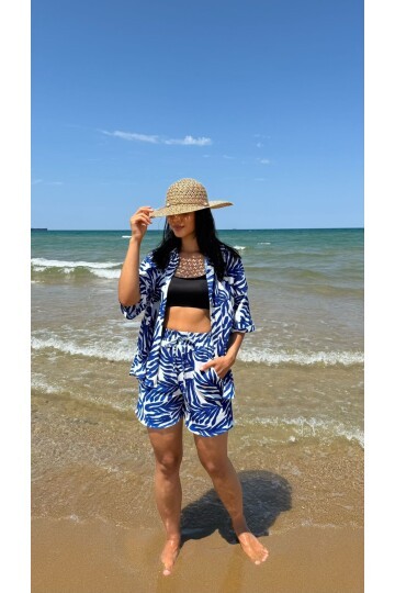 3481-MAVİ ZEBRA DESEN ŞORTLU TAKIM