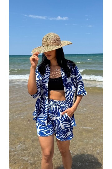 3481-MAVİ ZEBRA DESEN ŞORTLU TAKIM