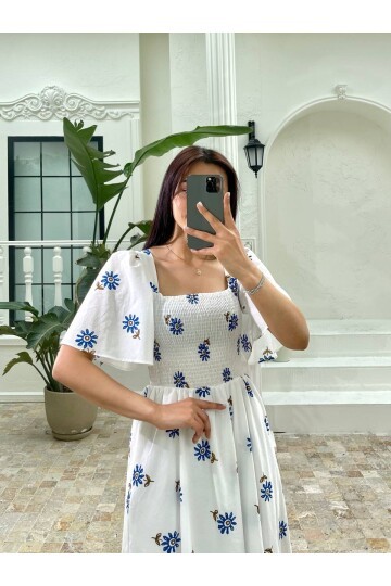 3483-MAVİ ÇİÇEK GÖĞÜSÜ GİPELİ ELBİSE