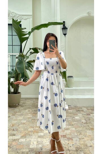 3483-MAVİ ÇİÇEK GÖĞÜSÜ GİPELİ ELBİSE