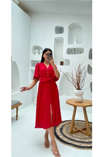 3484-KIRMIZI V YAKA DÜĞME DETAYLI ELBİSE
