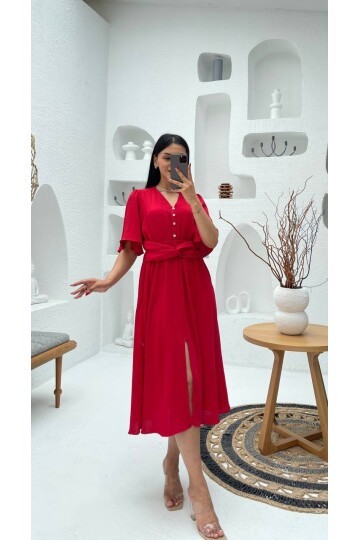 3484-KIRMIZI V YAKA DÜĞME DETAYLI ELBİSE